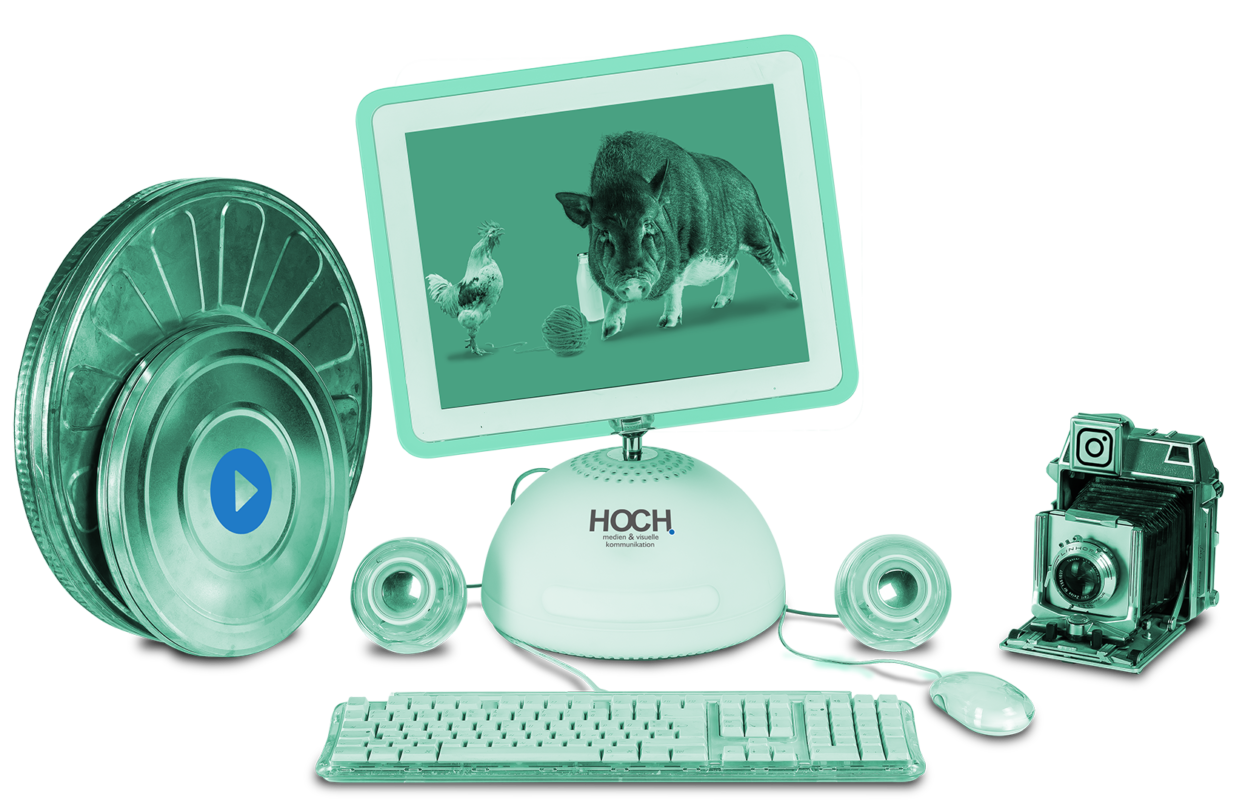 Montage Filmrollen, alter Computer mit Logo und ein historischer Fotoapparat