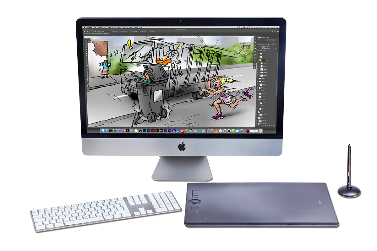 Computer mit Zeichentablett. Die gescannten Zeichnungen werden in Photoshop koloriert.