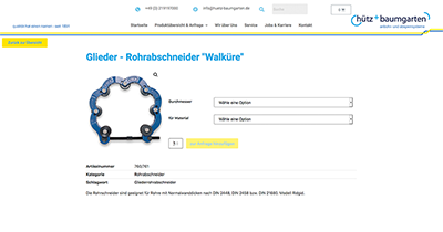 Screenshot neue Webseite und Webshop Hütz und Baumgarten