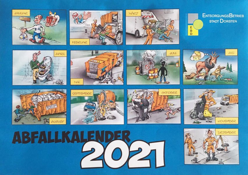 Titelseite des EBD-Abfallkalenders mit 12 Illustrationen