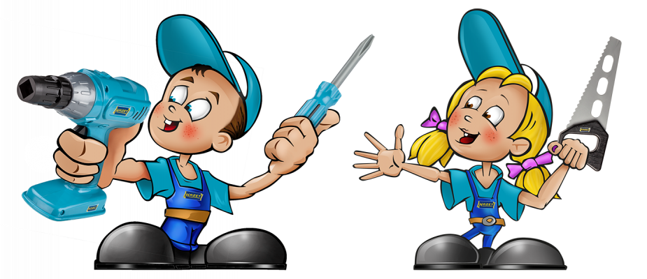 Konzept und Illustration für eine Verpackung Kinderspielzeugset HAZET Skizzen-Junge-Mädchen mit HAZET Spielzeug-Werkzeug